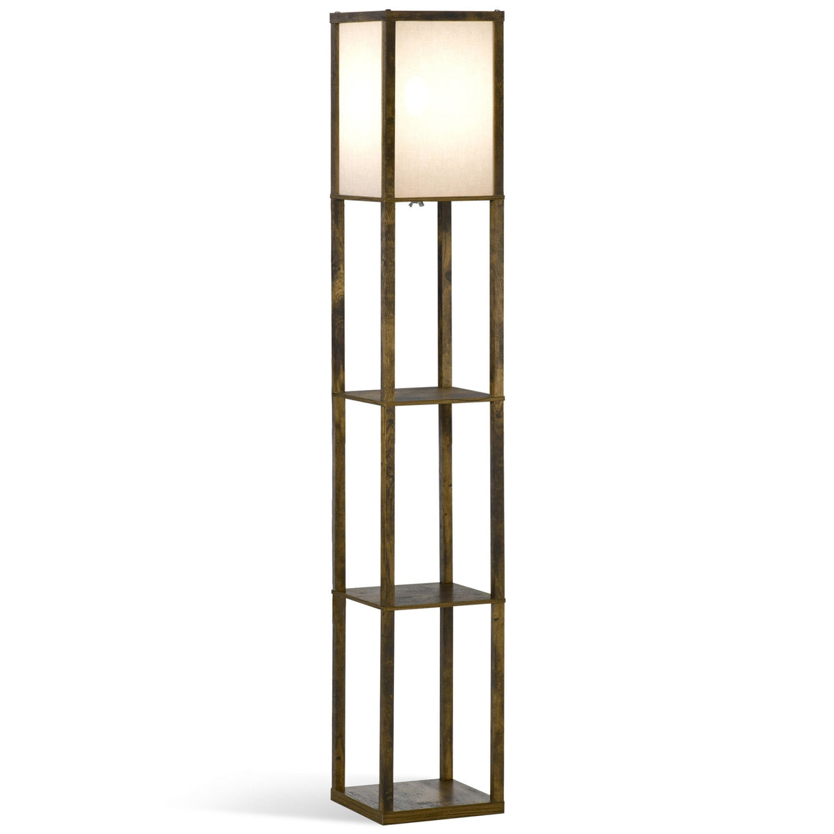 Tall brown homcom standing lamp with brass finish, melamine coated shelves, and white acrylic shade for living room use