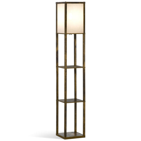 Tall brown homcom standing lamp with brass finish, melamine coated shelves, and white acrylic shade for living room use