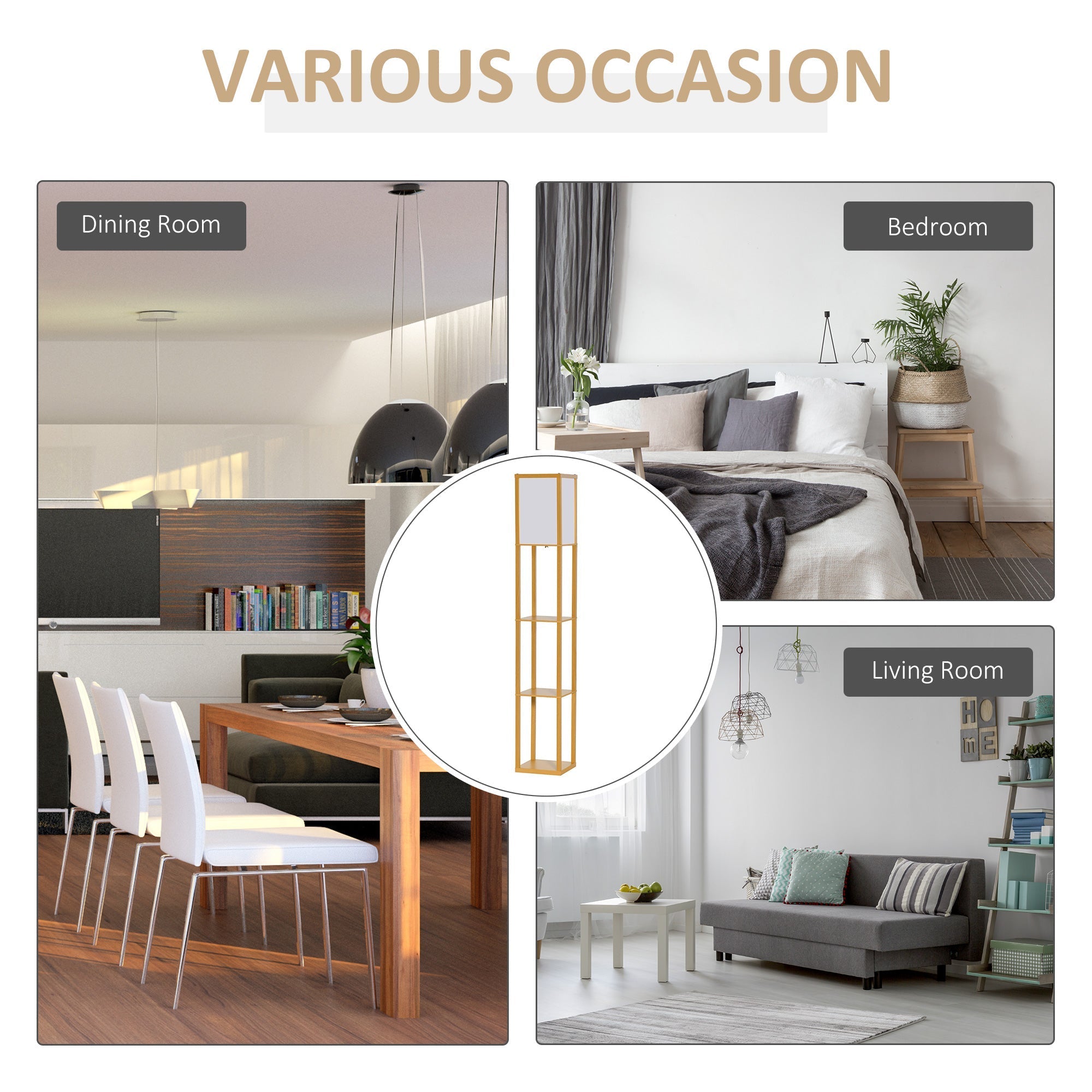 Lightweight wooden standing lamp with white fabric bulb base and storage shelf for living room and bedroom use