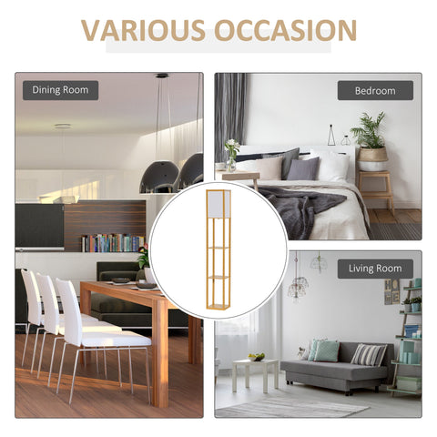 Lightweight wooden standing lamp with white fabric bulb base and storage shelf for living room and bedroom use