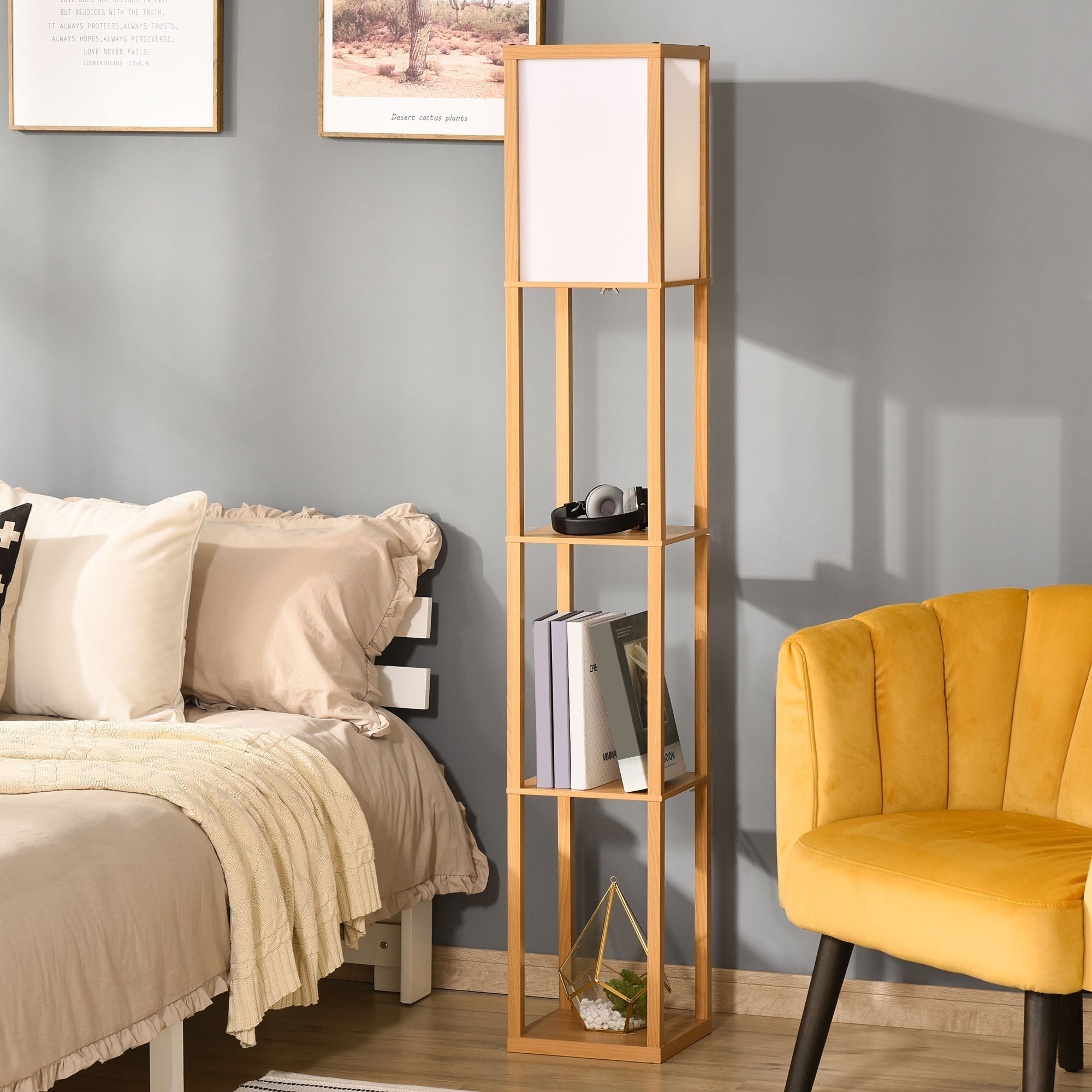Light wood standing lamp with white acrylic shade and four open shelves ideal for living room or office