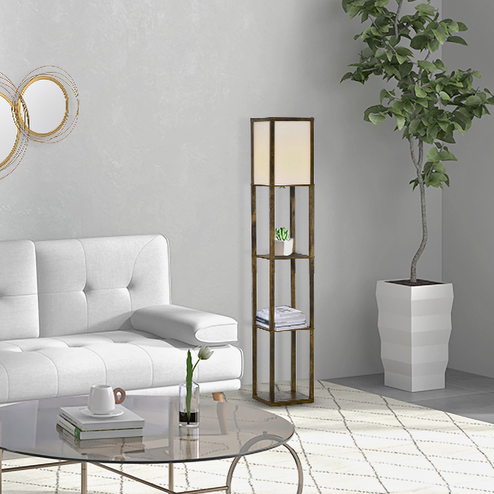 Homcom 3-tier standing lamp with bronze metal frame, beige acrylic shade, melamine coating shelves for living room storage
