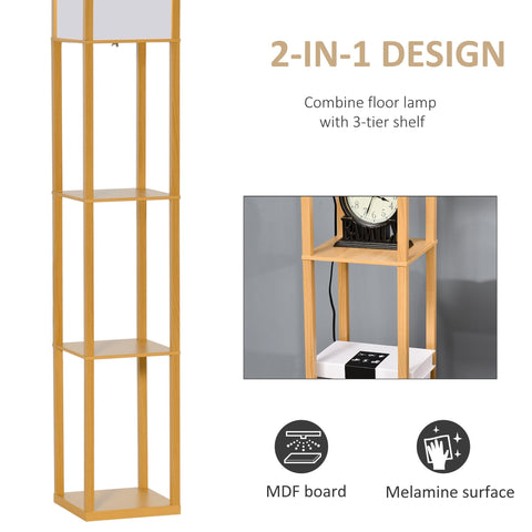 Gold-finished standing lamp with three-tier mdf shelf and acrylic shade perfect for living room or office lighting