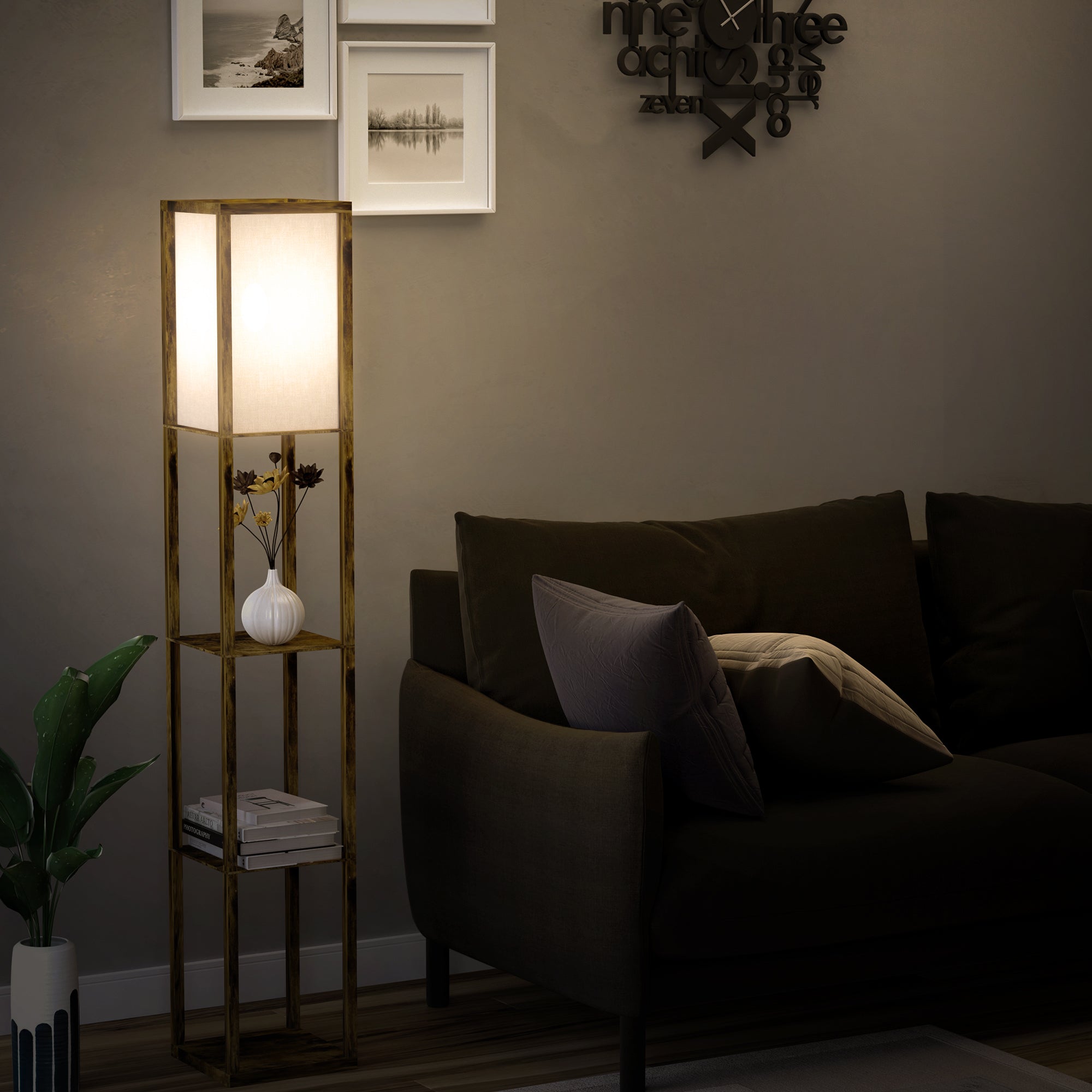 Brass framed standing lamp with melamine coated shelves and a soft white shade for living room or bedroom use