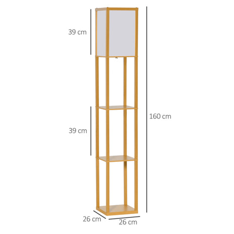Tall gold-finished homcom standing lamp with rectangular white acrylic shade and three shelves for living room bulb base