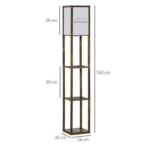 Tall brown homcom standing lamp with melamine coating, rectangular white shade, and 3 open shelves for living room use
