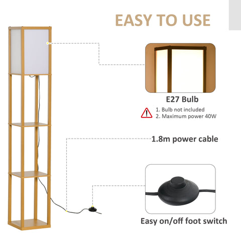 Gold-finished homcom standing lamp with rectangular white fabric shade and three open shelves for living room use
