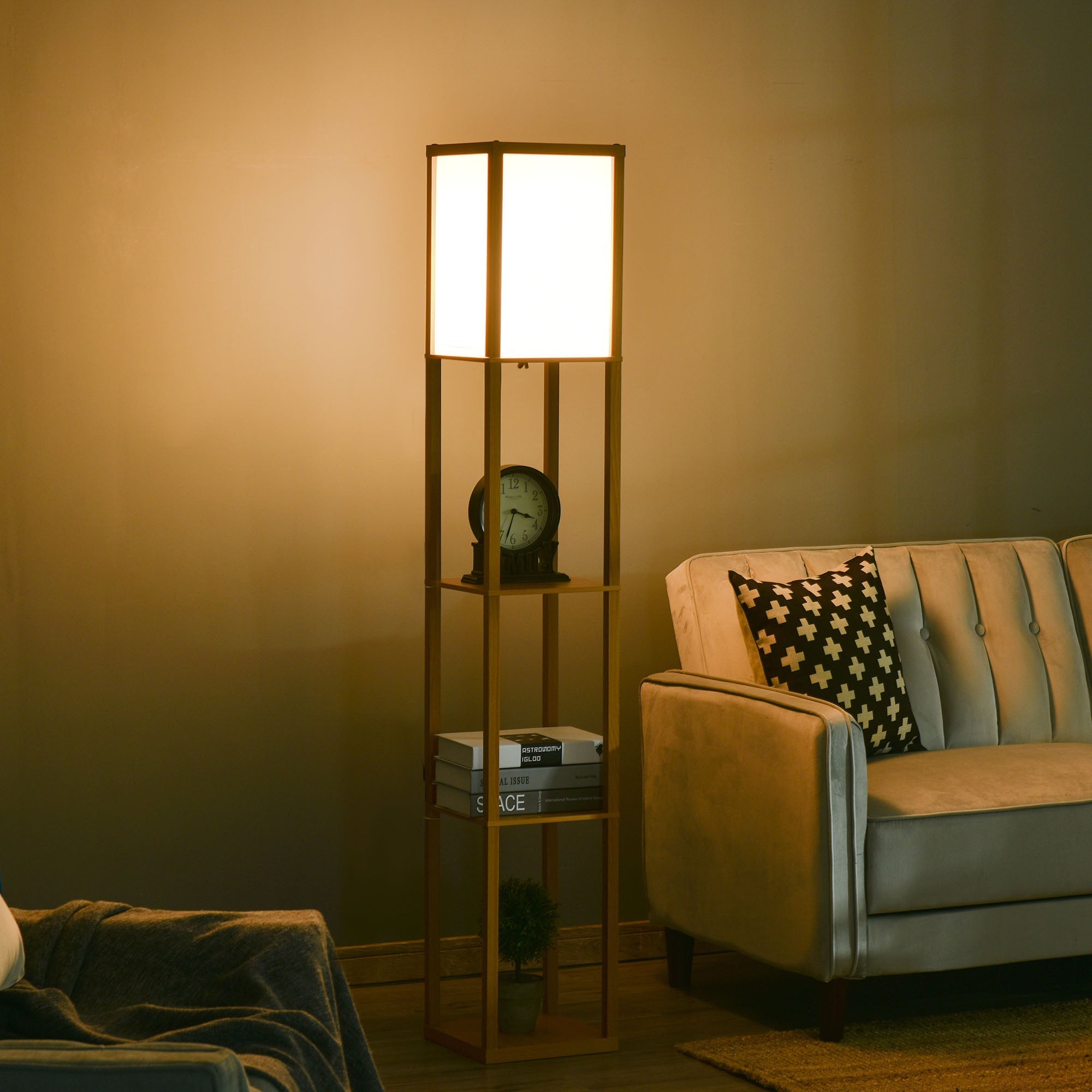 Modern homcom standing lamp with natural wood shelves and square white acrylic shade for living room bulb base design