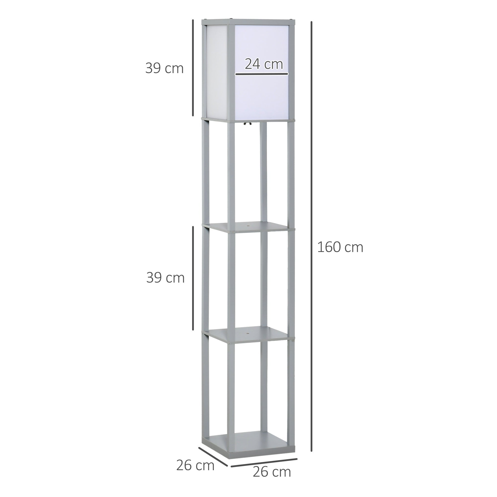 Gray standing lamp with melamine coating and three shelves for living room and bedroom use