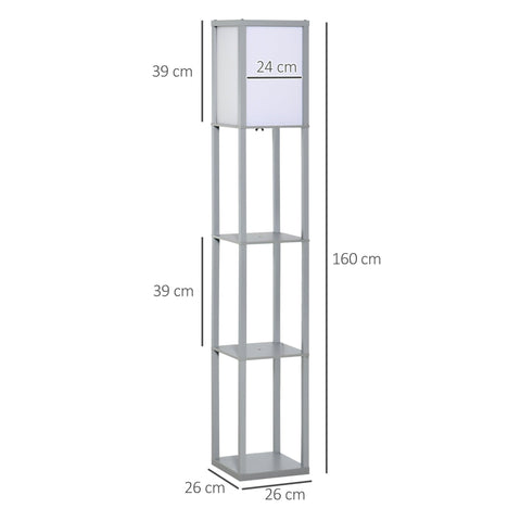 Gray standing lamp with melamine coating and three shelves for living room and bedroom use