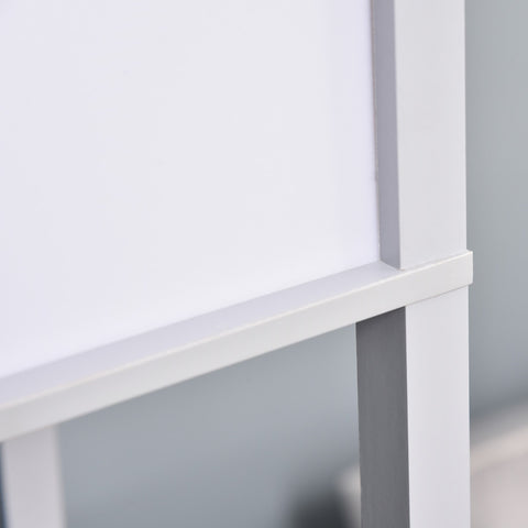 White framed dry erase board with melamine coating shown next to grey homcom standing lamp for living room use