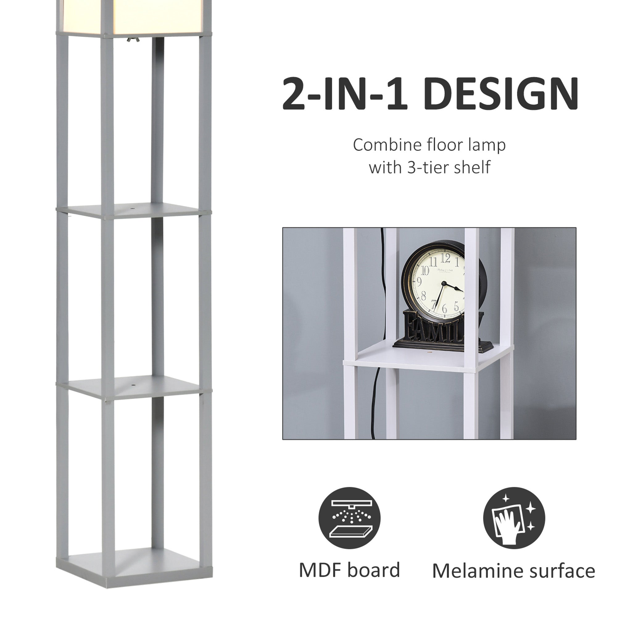 Gray standing lamp with melamine coating and three-tier shelf for living room with rectangular acrylic shade