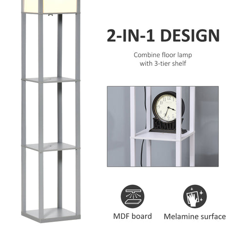 Gray standing lamp with melamine coating and three-tier shelf for living room with rectangular acrylic shade