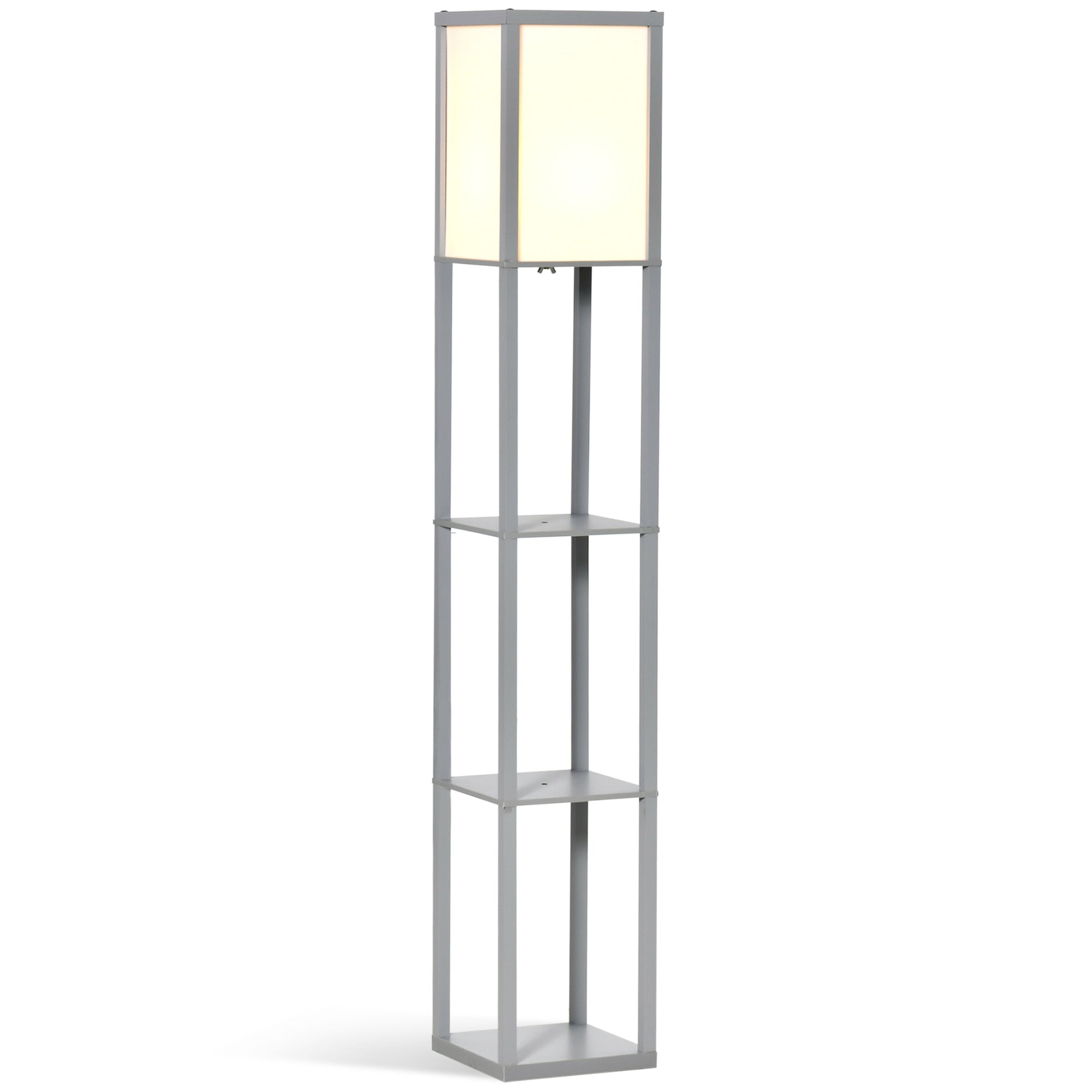 Modern gray standing lamp with melamine coating and three shelves for living room use with acrylic shade