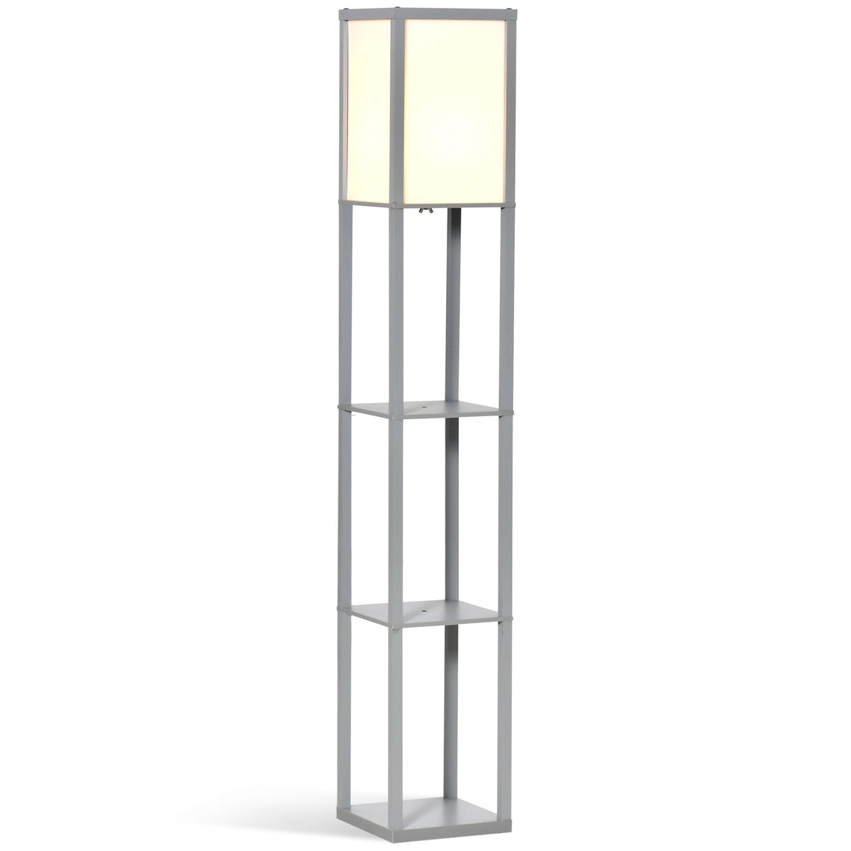 Modern gray standing lamp with melamine coating and three shelves for living room use with acrylic shade