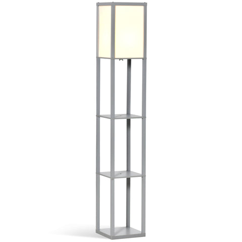 Modern gray standing lamp with melamine coating and three shelves for living room use with acrylic shade