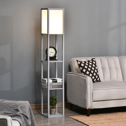 Modern silver metal standing lamp with melamine coating, acrylic shade, and three shelves for living room storage