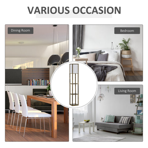 Modern bronze standing lamp with four tiered melamine coated shelves and rectangular acrylic shade for living room