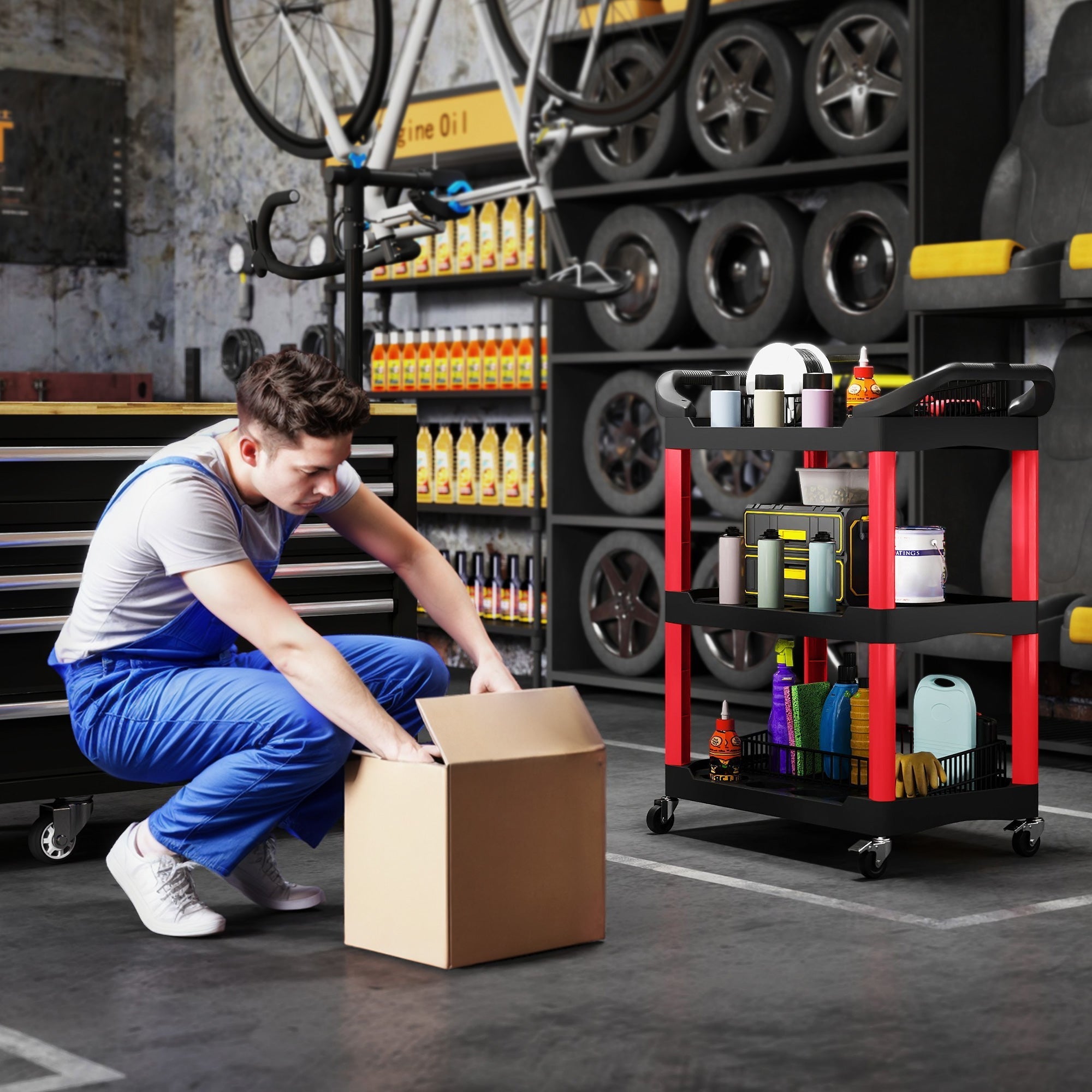 Red and black homcom rolling tool cart with three-tier shelves made of plastic for garage and warehouse use
