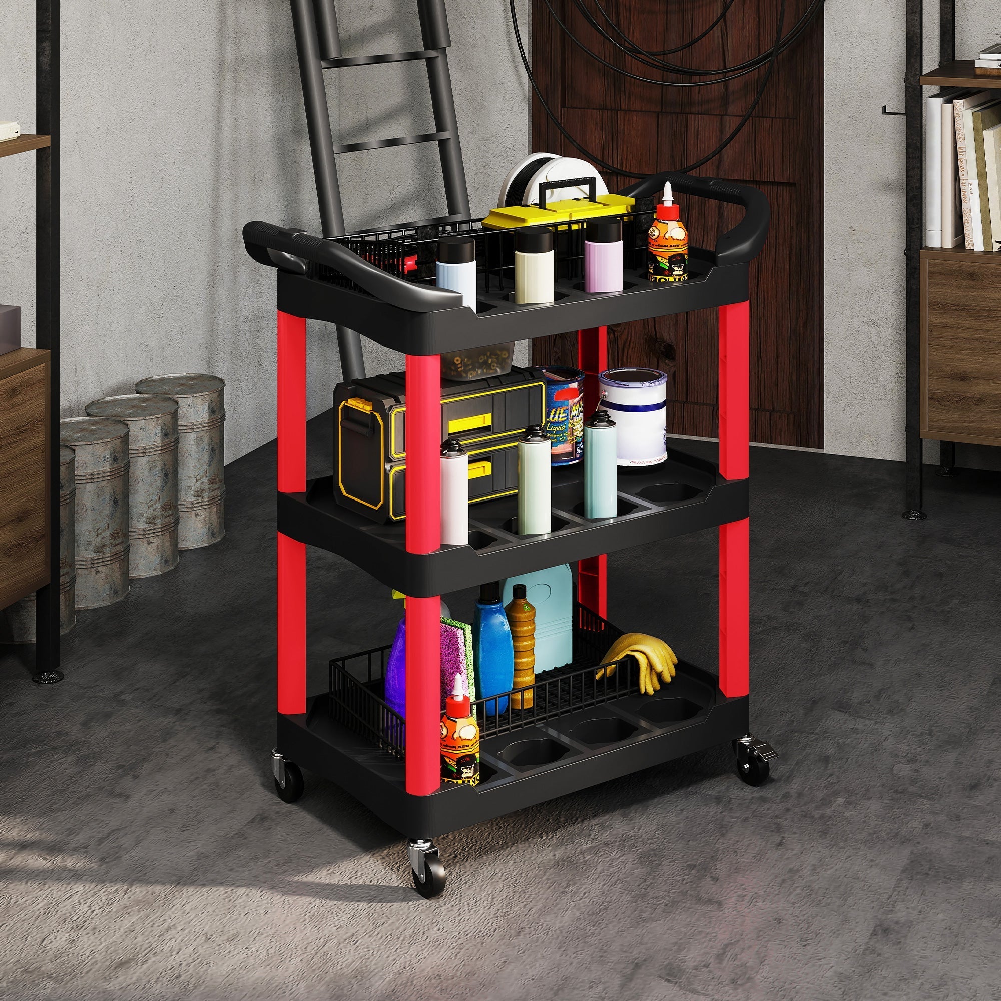 Black and red homcom rolling tool cart with three-tier plastic shelves and caster wheels for garage and workshop use