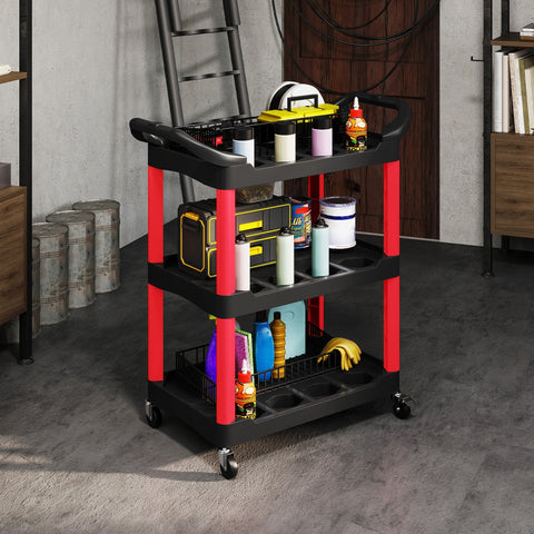 Black and red homcom rolling tool cart with three-tier plastic shelves and caster wheels for garage and workshop use