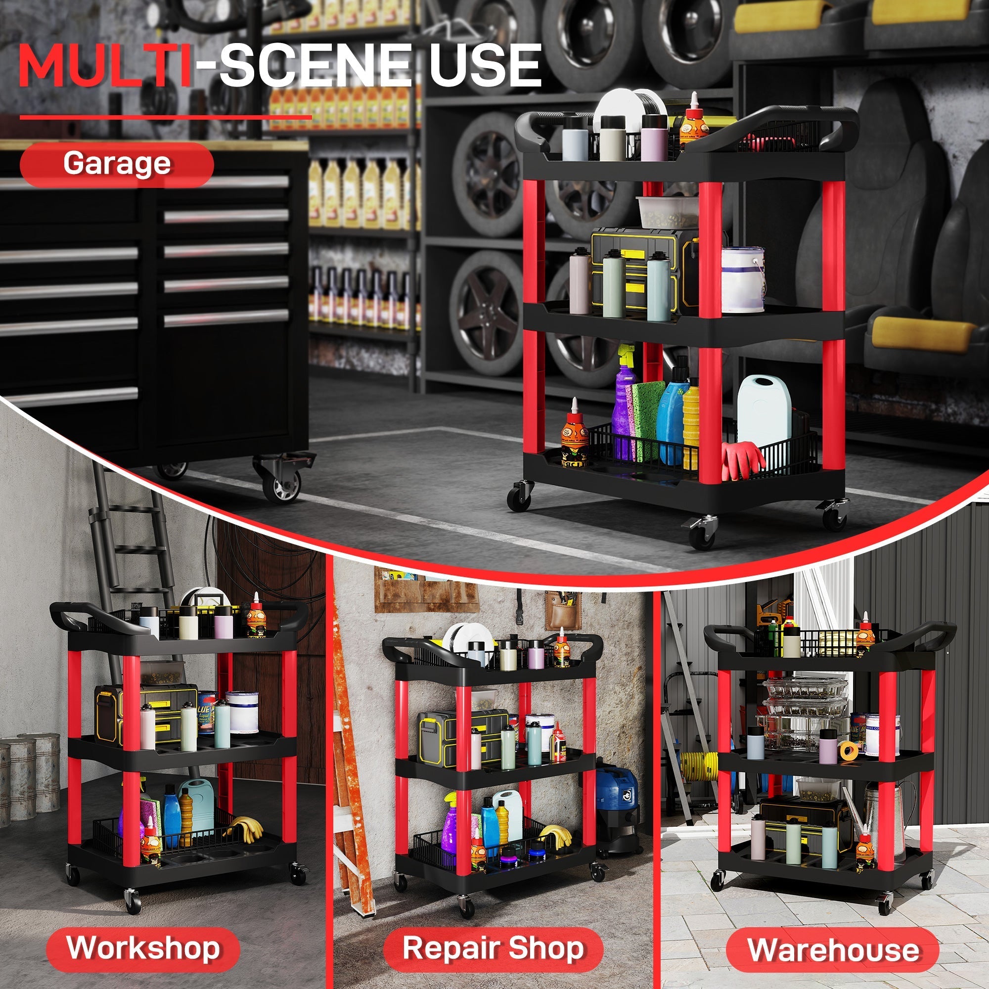 Red and black homcom rolling tool cart with three-tier shelves and plastic frame for garage and workshop use