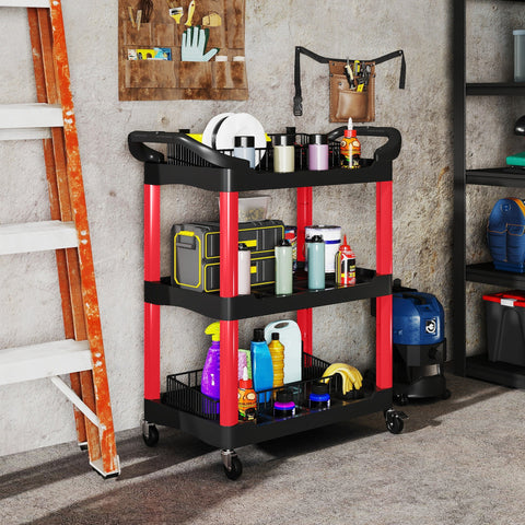 Black and red homcom rolling tool cart with three-tier black plastic shelves and caster wheels for garage and workshop use