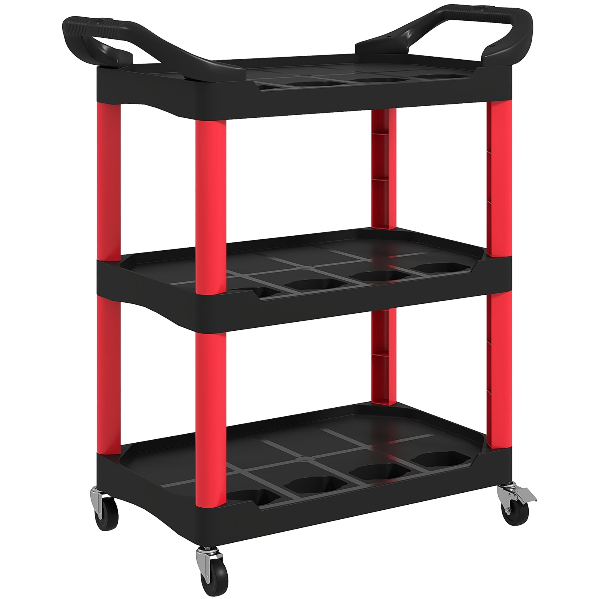 Black and red homcom rolling tool cart with three-tier plastic shelves molded handles and wheels for garage use