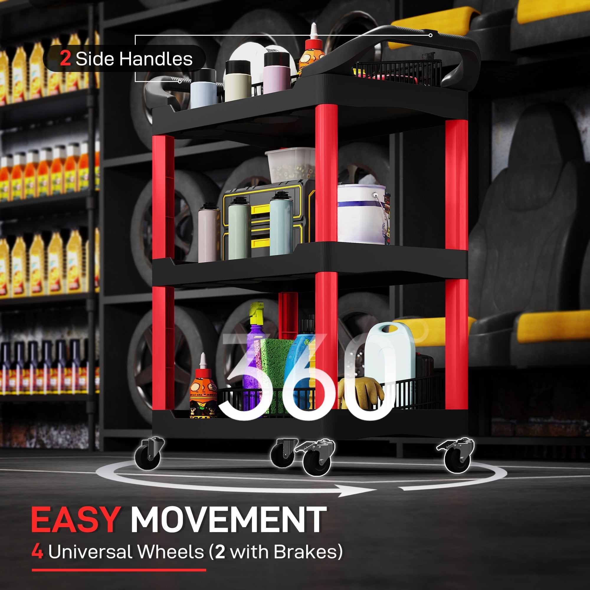 Black and red homcom rolling tool cart with three-tier shelves plastic body and handles for garage and workshop use