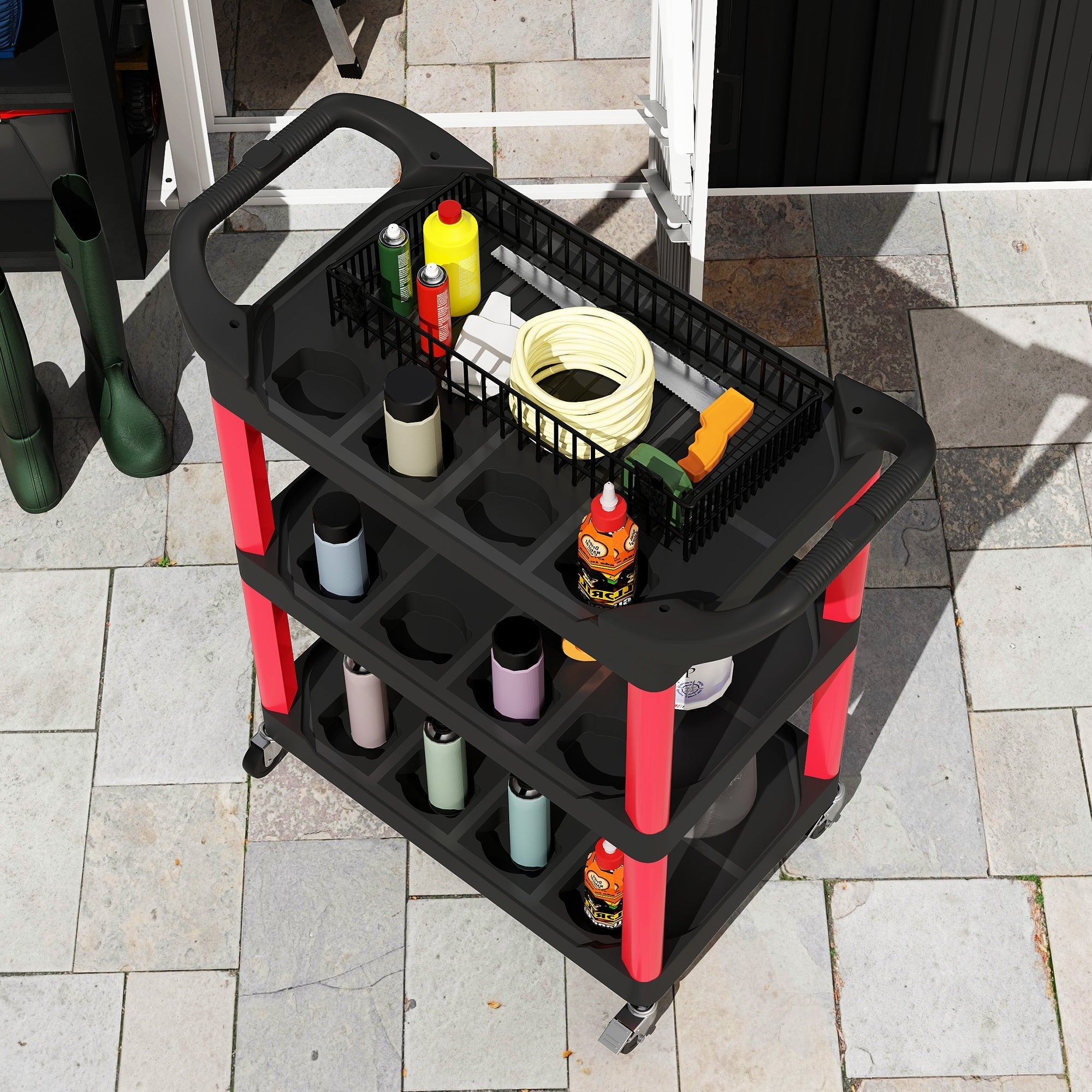 Homcom black and red rolling tool cart with three-tier shelves and black wire basket on top for garage and mechanics