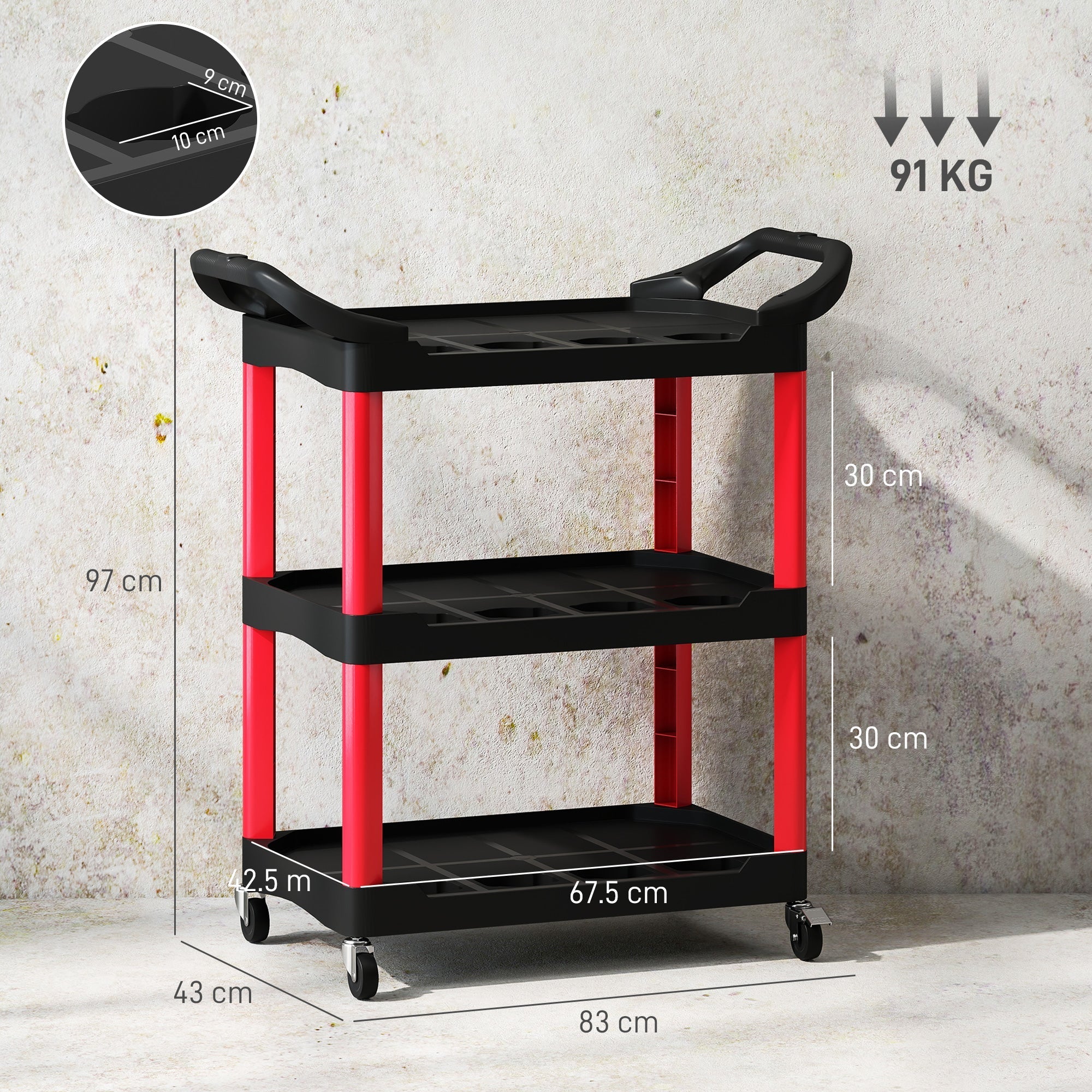 Black and red plastic rolling tool cart with three-tier shelves and wheels for garage and workshop use