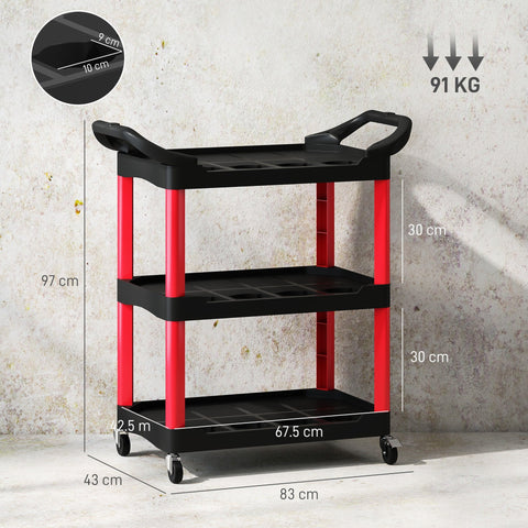 Black and red plastic rolling tool cart with three-tier shelves and wheels for garage and workshop use