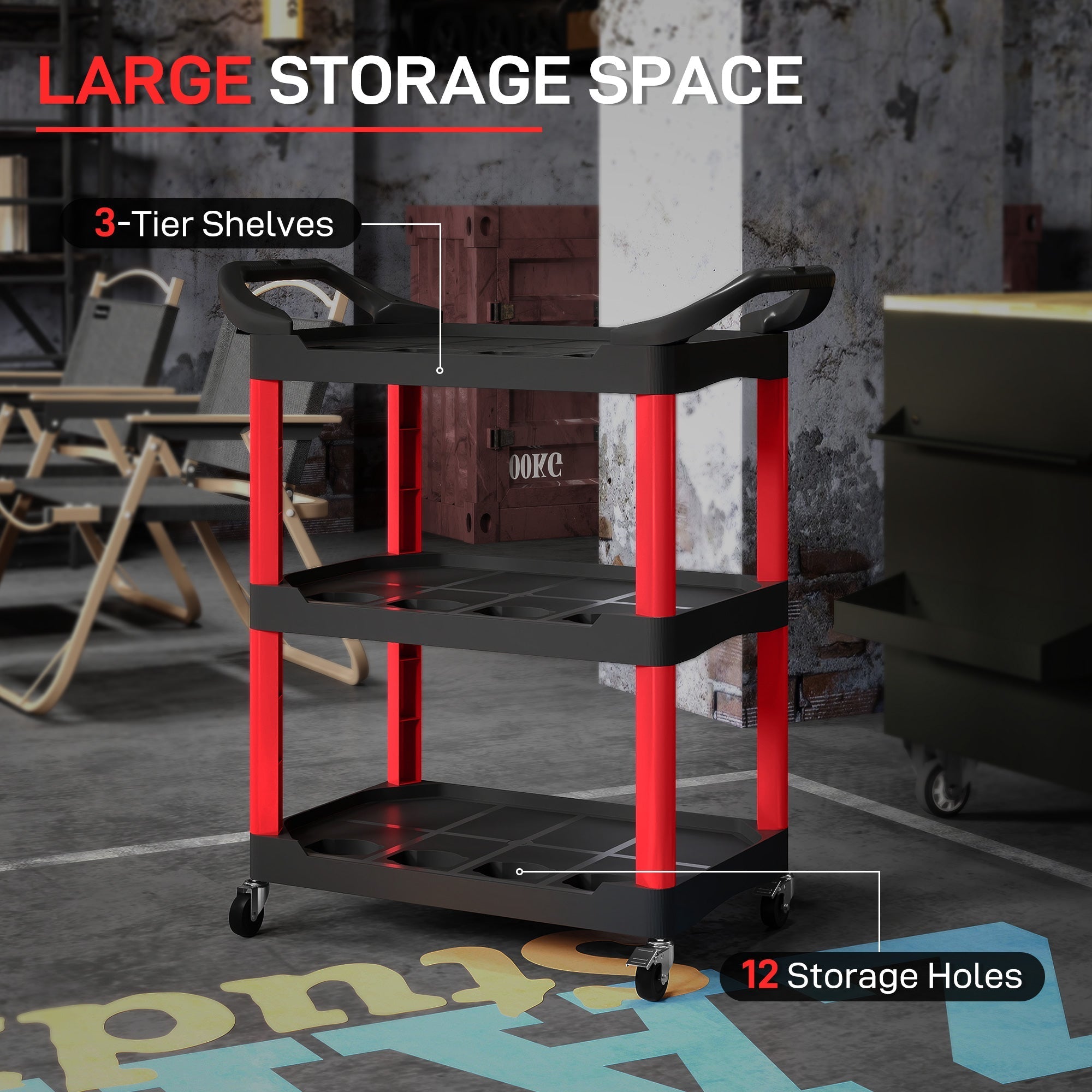 Red and black plastic rolling tool cart with three-tier shelves and wheels for garage and workshop use