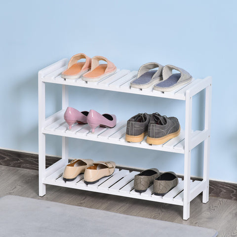HOMCOM 3-Tier Shoe Rack Wood Frame Slatted Shelves Spacious Open Hygienic Storage Home Hallway Furniture Family Guests 70L x 26W x 57.5H cm - White