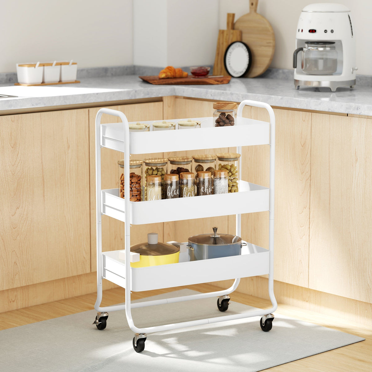 White homcom 3-tier storage trolley with large mesh baskets and clear jars on top shelves for kitchen or bathroom use
