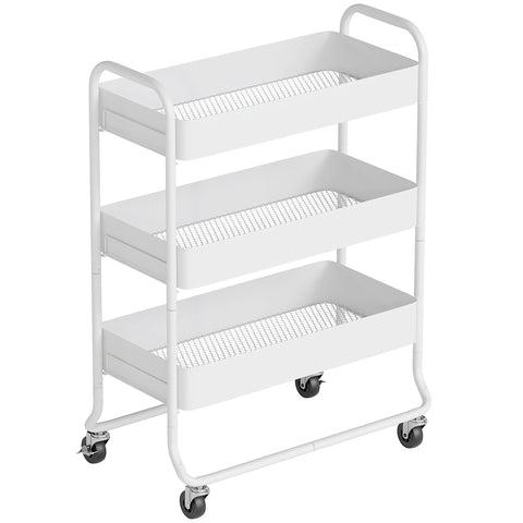 White three-tier storage trolley with mesh trays and black wheels featuring large basket size for versatile use