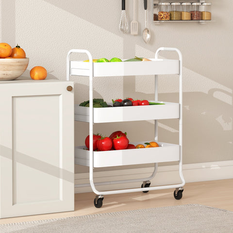 White homcom 3-tier storage trolley with large mesh baskets and black wheels for kitchen bathroom or bedroom use