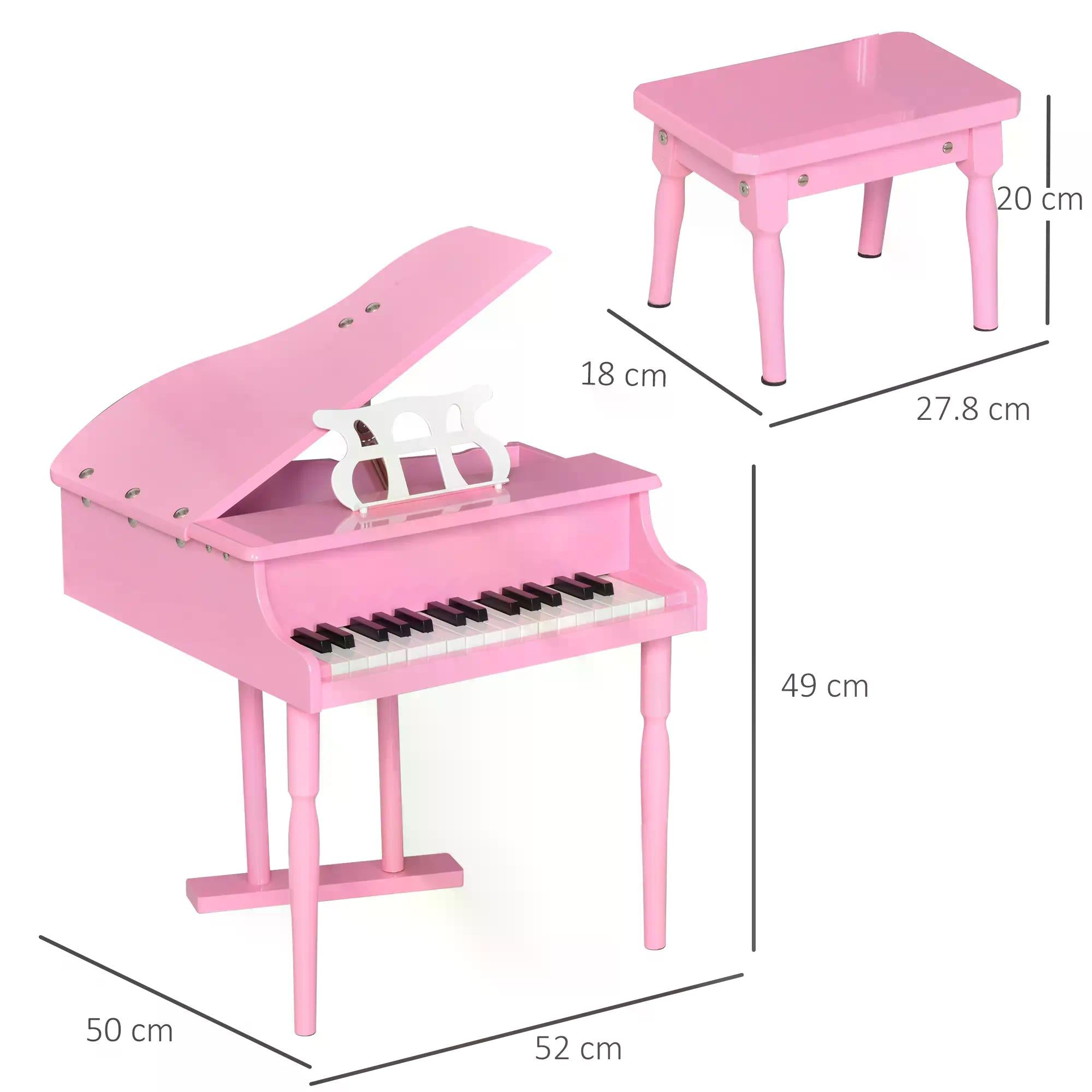 Pink wooden homcom mini grand piano with black and white keys music stand and matching stool for child’s room