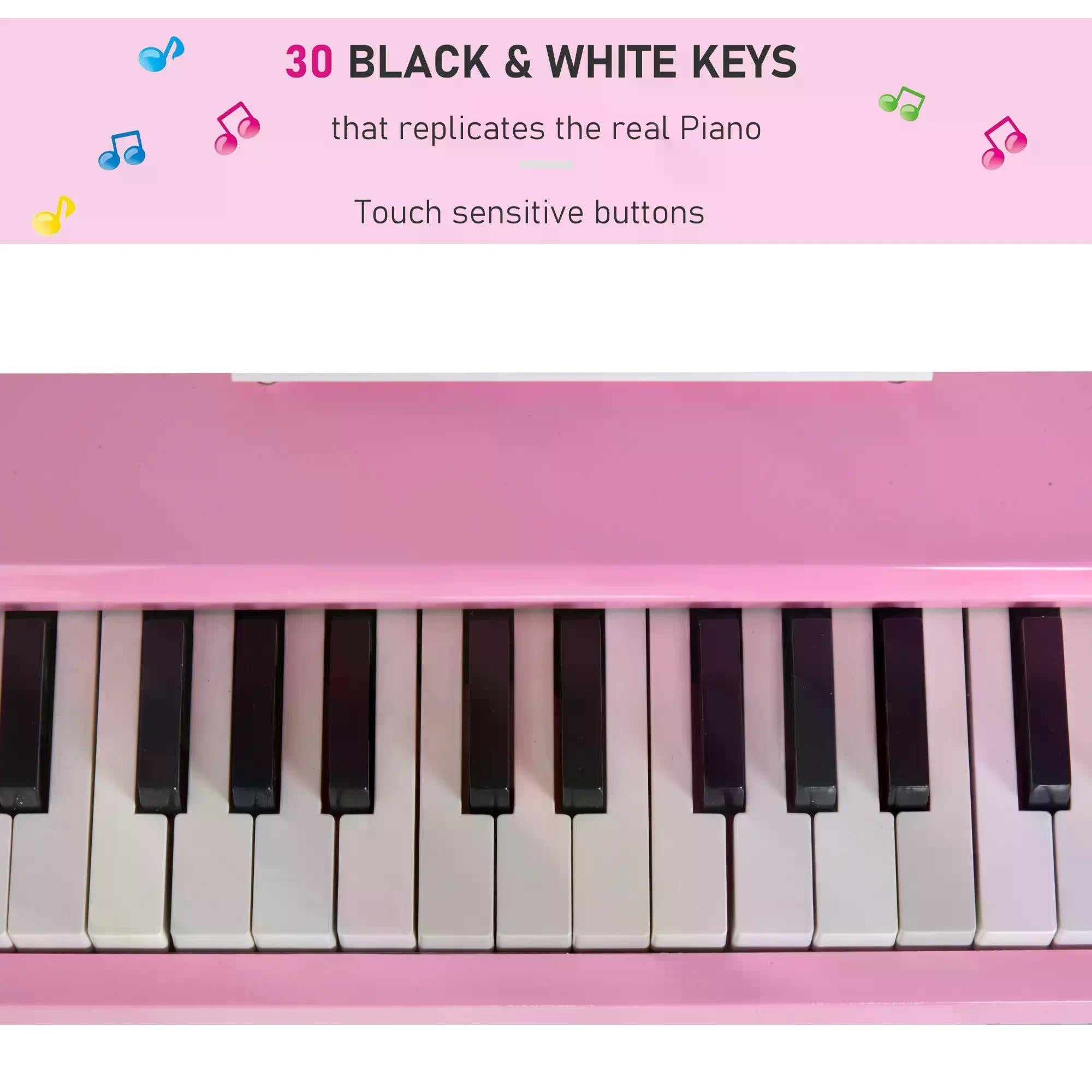 Pink homcom mini kids piano with 30 touch-sensitive keys music stand and bench perfect for child’s room or grand piano play