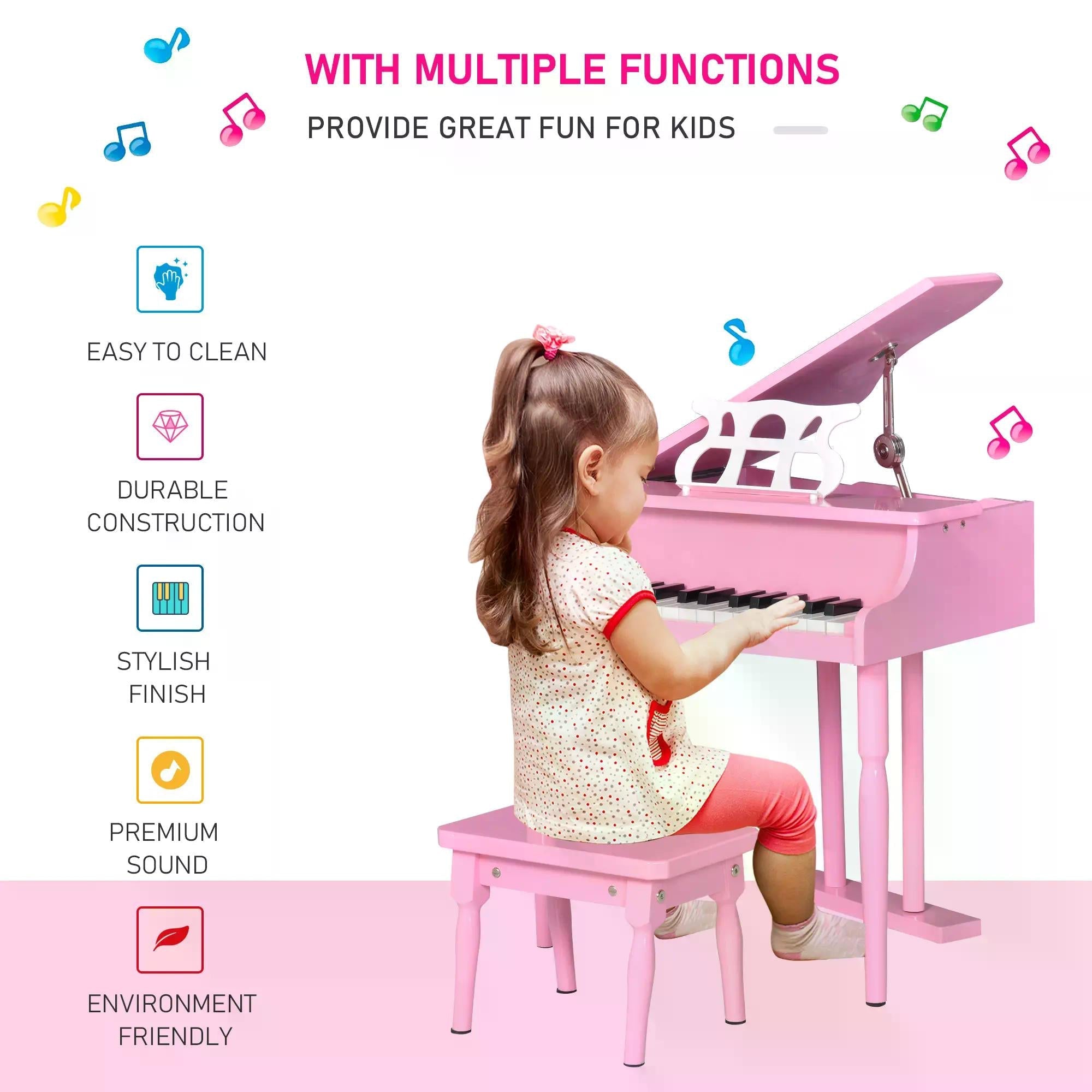 Pink wooden HOMCOM 30 keys mini grand piano with black keys white accents music stand perfect for child’s room