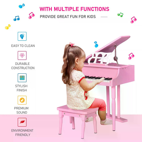 Pink wooden HOMCOM 30 keys mini grand piano with black keys white accents music stand perfect for child’s room