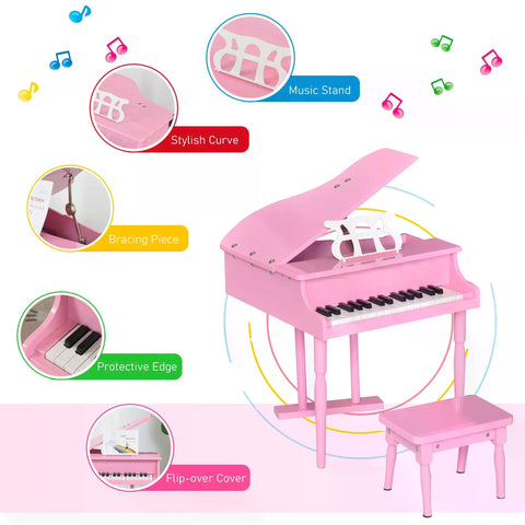 Pink homcom 30 keys mini grand piano toy with music stand wooden legs and matching stool for child’s room