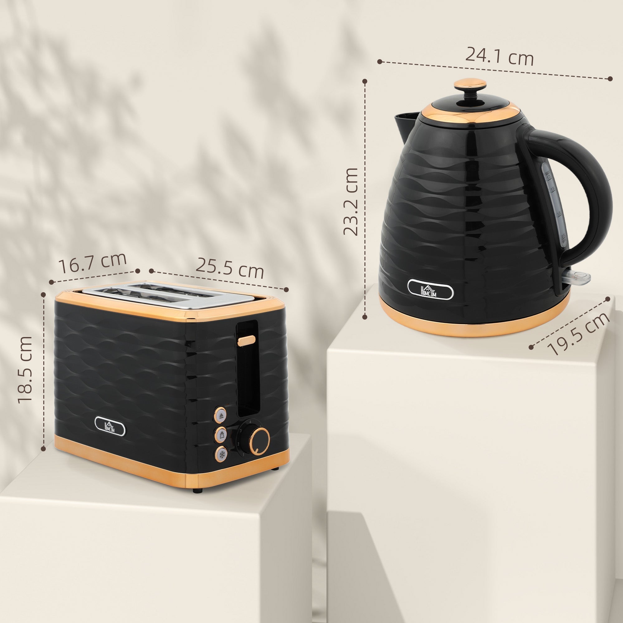 Black and gold homcom rapid boil kettle and 2 slice toaster set with 7 browning controls and crumb tray