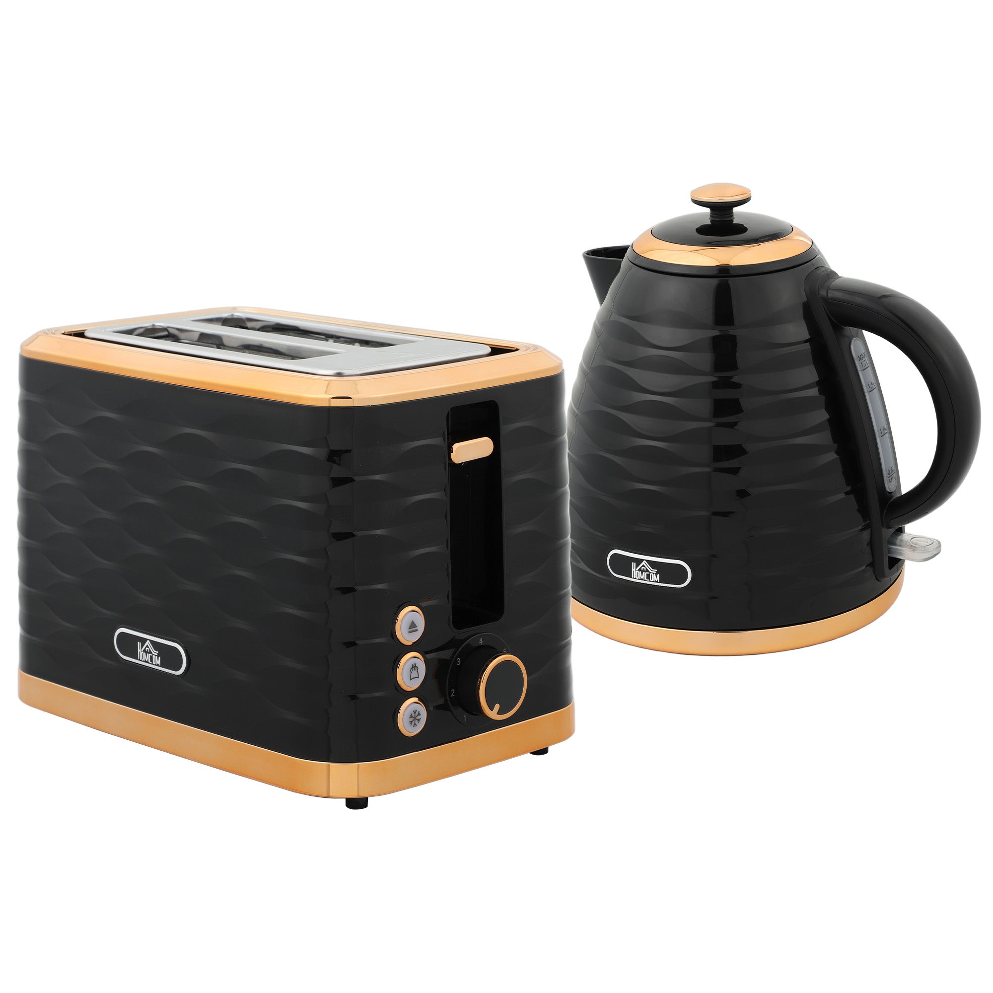 Black and gold textured homcom 3000w rapid boil kettle and 2 slice toaster set with 7 browning controls