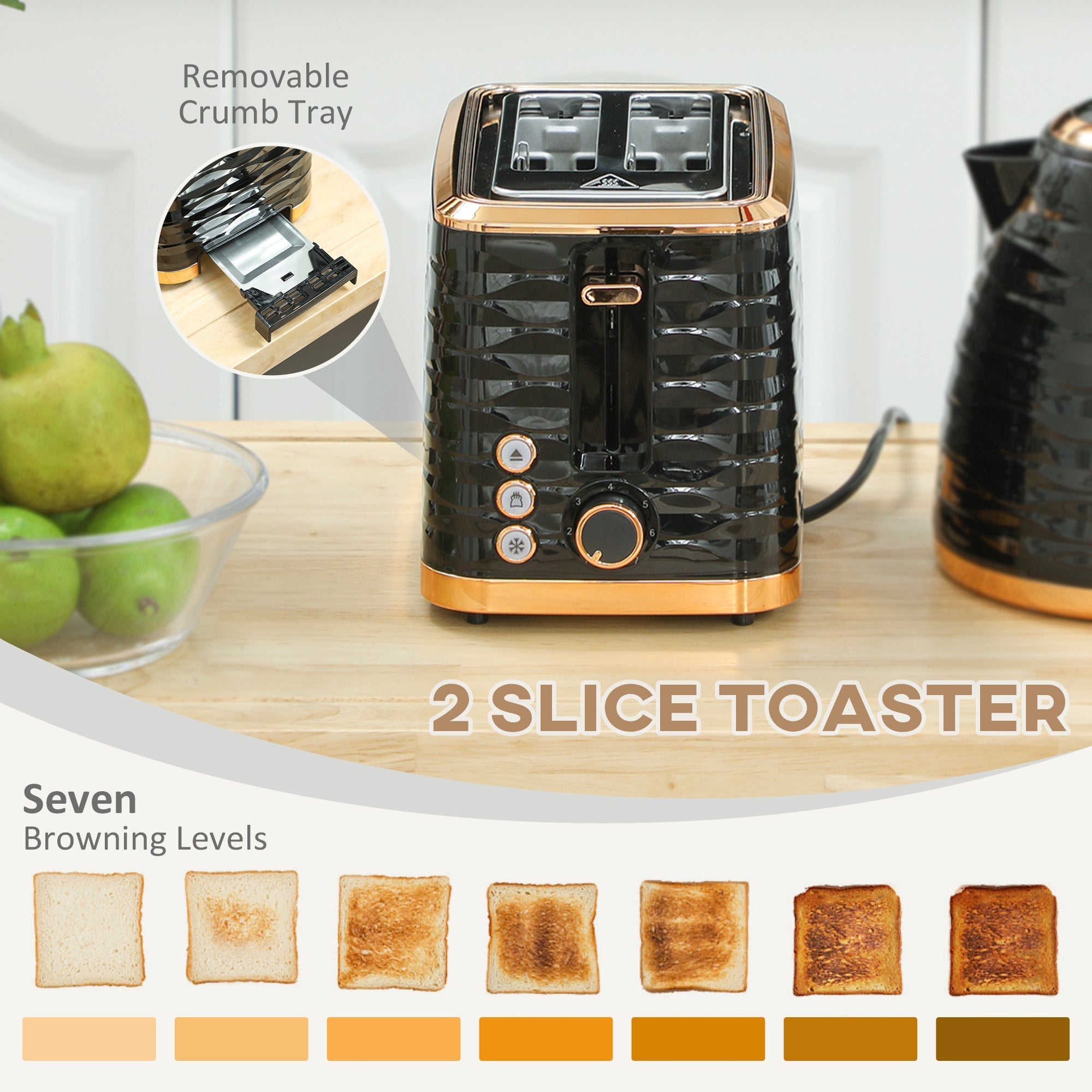 Black and rose gold textured 2 slice toaster with removable crumb tray from homcom rapid boil kettle set