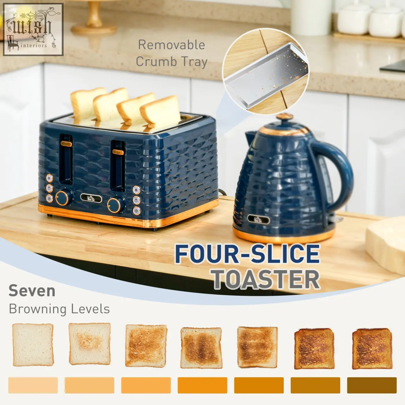 Deep blue textured four-slice toaster with gold accents and removable crumb tray in homcom rapid boil kettle set