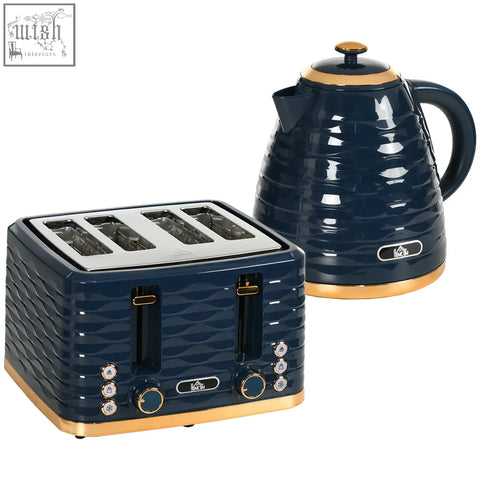 Navy blue and gold textured 4 slice toaster with silver slots in homcom rapid boil kettle and toaster set with 7 browning controls