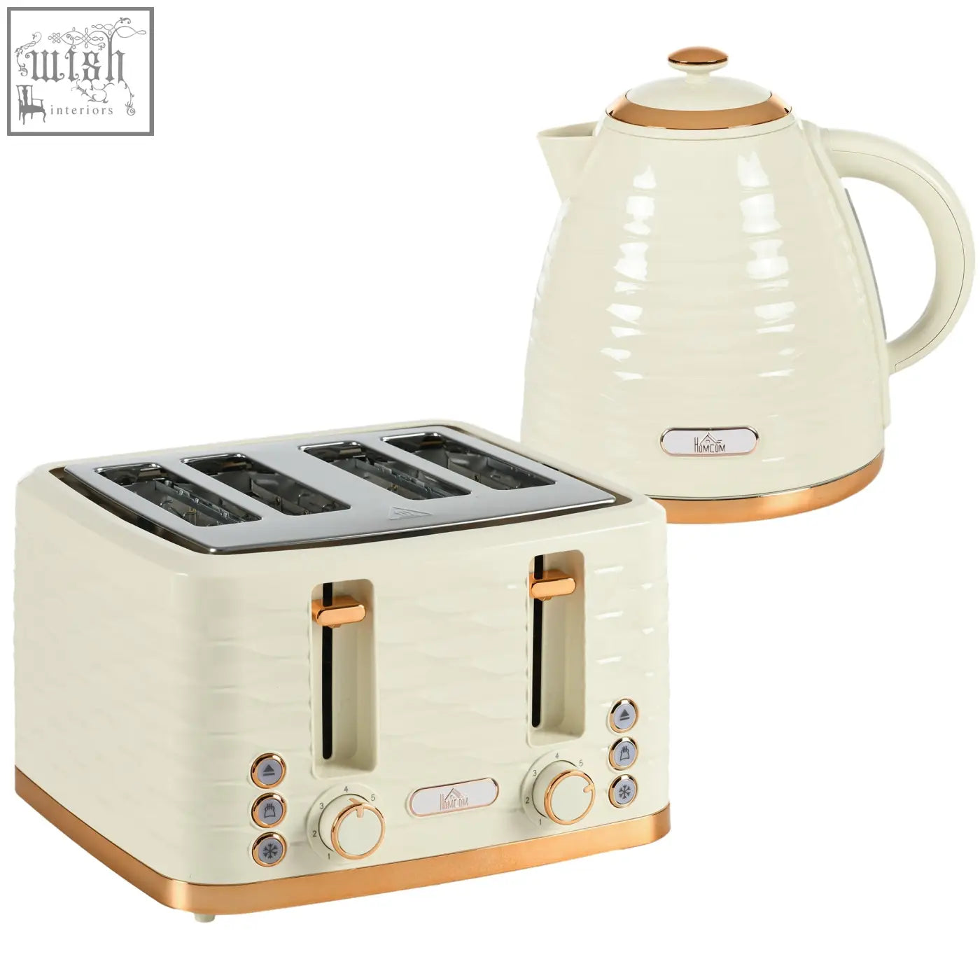 Cream-colored HOMCOM rapid boil kettle and 4 slice toaster set with rose gold accents and 7 browning controls