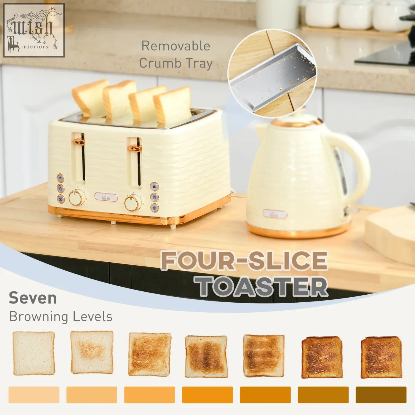 Cream-colored four-slice toaster with gold accents and removable crumb tray in homcom rapid boil kettle and toaster set beige