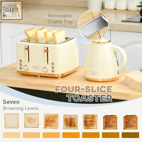 Cream-colored four-slice toaster with gold accents and removable crumb tray in homcom rapid boil kettle and toaster set beige